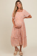 Peach Floral Ruffle Hem Maternity Maxi Dress