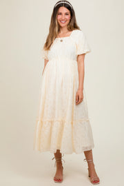 Cream Floral Square Neck Bubble Sleeve Maternity Maxi Dress