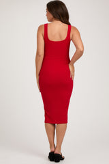 Red Sleeveless Ribbed Fitted Maternity Dress