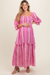 Pink Embroidered Detail Smocked Top Maternity Maxi Dress