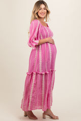 Pink Embroidered Detail Smocked Top Maternity Maxi Dress