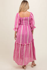 Pink Embroidered Detail Smocked Top Maternity Maxi Dress