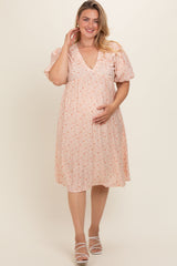 Peach Floral Puff Sleeve Plus Maternity Midi Dress