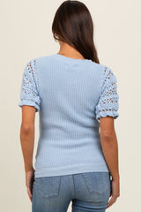 Light Blue Open Knit Short Puff Sleeve Maternity Sweater Top