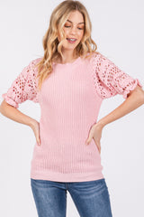 Light Pink Open Knit Short Puff Sleeve Sweater Top