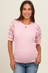 Light Pink Open Knit Short Puff Sleeve Maternity Sweater Top