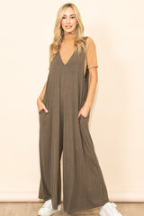 Olive Deep V Sleeveless Wide Leg Maternity Jumpsuit