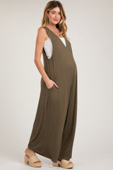 Olive Deep V Sleeveless Wide Leg Maternity Jumpsuit