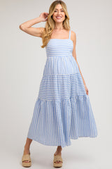 Blue Striped Sleeveless Tiered Maternity Maxi Dress