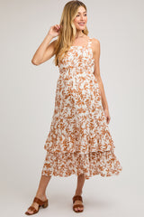 Camel Floral Sleeveless Ruffle Hem Maternity Maxi Dress