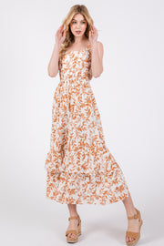 Camel Floral Sleeveless Ruffle Hem Maxi Dress