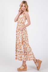 Camel Floral Sleeveless Ruffle Hem Maxi Dress