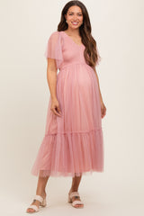 Mauve Dotted Tulle Smocked Maternity Midi Dress