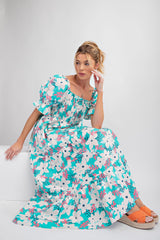 Aqua Floral Puff Sleeve Maternity Maxi Dress