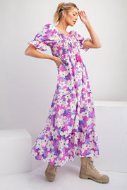 Magenta Floral Puff Sleeve Maxi Dress