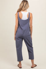 Blue Button Down Maternity Cropped Jumpsuit