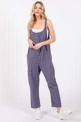 Blue Button Down Maternity Cropped Jumpsuit