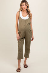 Olive Button Down Maternity Cropped Jumpsuit