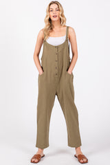 Olive Button Down Maternity Cropped Jumpsuit