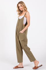 Olive Button Down Cropped Jumpsuit