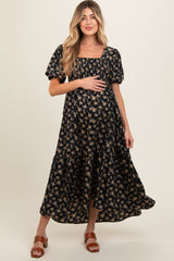 Black Floral Smocked Square Neck Short Puff Sleeve Maternity Midi Dress