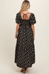 Black Floral Smocked Square Neck Short Puff Sleeve Maternity Midi Dress