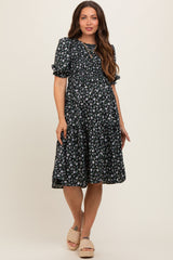 Black Floral Smocked Maternity Midi Dress