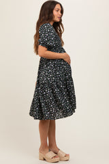 Black Floral Smocked Maternity Midi Dress