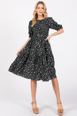 Black Floral Smocked Maternity Midi Dress