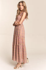 Multi-Color Plaid Sleeveless Ruffle Maxi Dress