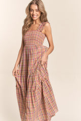 Multi-Color Plaid Sleeveless Ruffle Maxi Dress