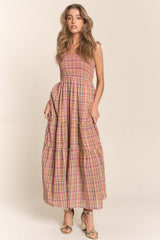 Multi-Color Plaid Sleeveless Ruffle Maternity Maxi Dress