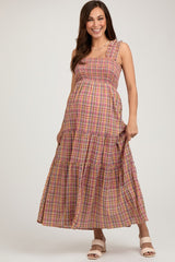 Multi-Color Plaid Sleeveless Ruffle Maternity Maxi Dress