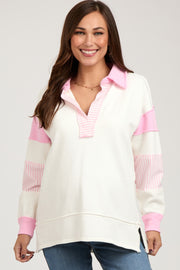 Pink Colorblock Stripe Collared Maternity Sweater