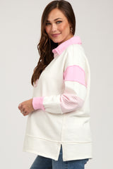 Pink Colorblock Stripe Collared Maternity Sweater