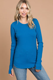 Blue Ribbed Long Sleeve Top