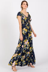 Navy Floral Smocked Cinched Top Maxi Dress