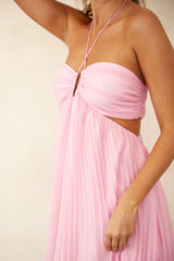 Light Pink Ombre Pleated Halter Cutout Maxi Dress