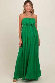 Green Pleated Front Tie Side Slit Maternity Maxi Dress