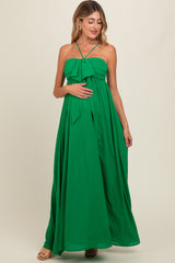 Green Pleated Front Tie Side Slit Maternity Maxi Dress