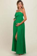 Green Pleated Front Tie Side Slit Maternity Maxi Dress