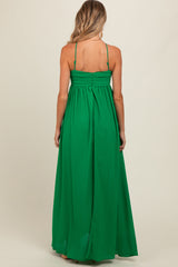 Green Pleated Front Tie Side Slit Maternity Maxi Dress