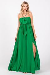 Green Pleated Front Tie Side Slit Maxi Dress