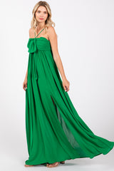 Green Pleated Front Tie Side Slit Maxi Dress