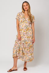 White Floral V-Neck Ruffle Maternity Maxi Dress