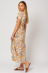 White Floral V-Neck Ruffle Maxi Dress