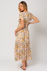 White Floral V-Neck Ruffle Maxi Dress