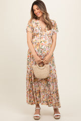 White Floral V-Neck Ruffle Maternity Maxi Dress