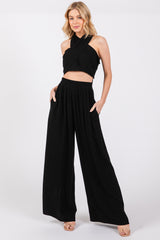 Black Linen Smocked Top and Pants Set