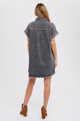 Black Acid Wash Denim Button Up Dress